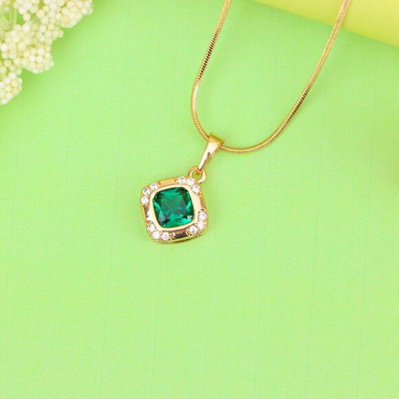 "Green Cushion Stone Pendant in Gold Plated Brass with Crystal Halo, XPPT1768 - Picture 2 of 14